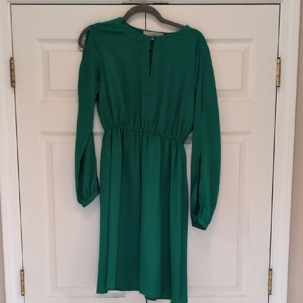 LOFT Cold Shoulder Teal-Green Long-Sleeve Waist-Elastic Dress